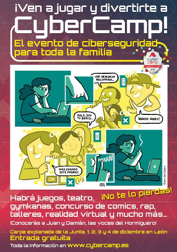 Cartel CyberCamp 2016, El evento de ciberseguridad para toda la familia. Carpa explanada de la Junta. 1, 2, 3 y 4 de Diciembre en León. Entrada gratuita