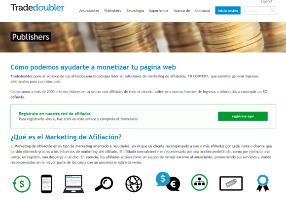Tradedoubler, página Publishers, "Cómo podemos ayudarte a monetizar tu página web"