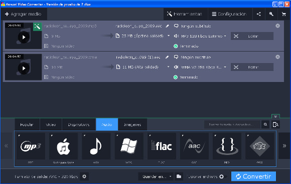 Convirtiendo el fichero de audio de la entrevista en Radio Le&oacute;n de MP3 a otros formatos de audio como WMA o ACC con Movavi Video Converter