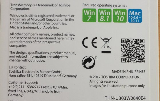 Código QR en la caja del Toshiba USB 3.0 Flash Drive U303