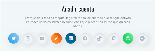 Añadir cuenta de tus redes sociales en SocialPubli. Twitter, Instagram, Youtube, Página web o blog, Linkedin, Facebook, Tiktok, Twicth, Custom o Telegram